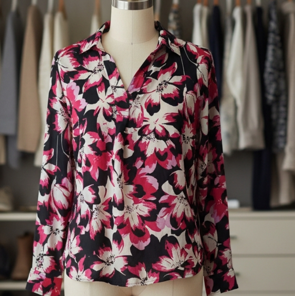 Rafaella Women’s Floral Collared Blouse M Long Sleeve V-Neck  Pink Black Print